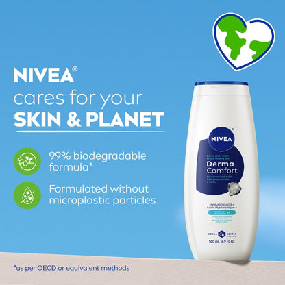 NIVEA Derma Comfort Caring Body Wash for Normal to Dry Skin, with Hyaluronic Acid and Provitamin B5, 16.9 Fl Oz (Pack of 3) Avelisse