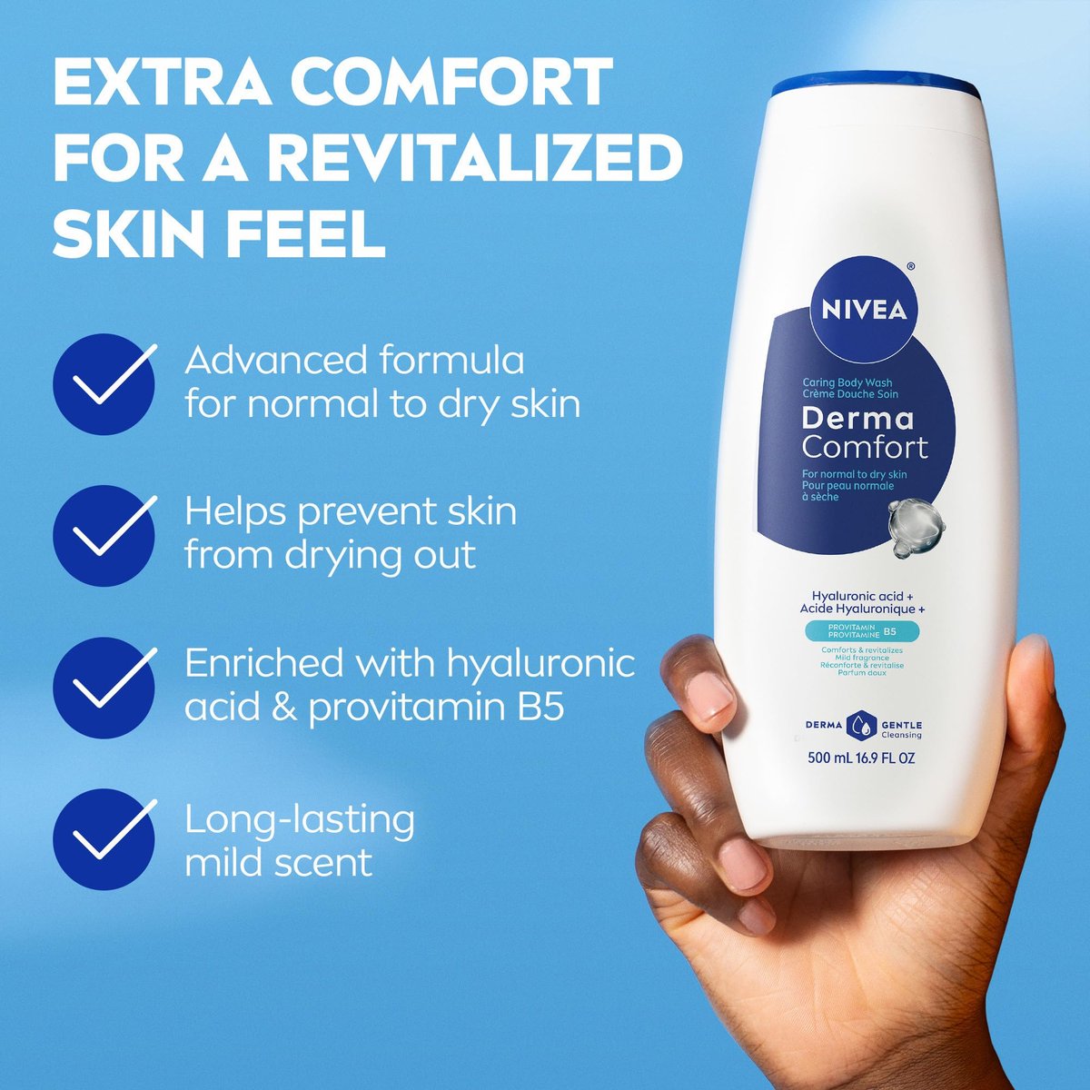 NIVEA Derma Comfort Caring Body Wash for Normal to Dry Skin, with Hyaluronic Acid and Provitamin B5, 16.9 Fl Oz (Pack of 3) Avelisse