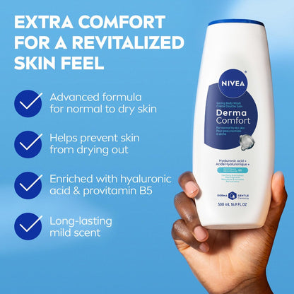 NIVEA Derma Comfort Caring Body Wash for Normal to Dry Skin, with Hyaluronic Acid and Provitamin B5, 16.9 Fl Oz (Pack of 3) Avelisse