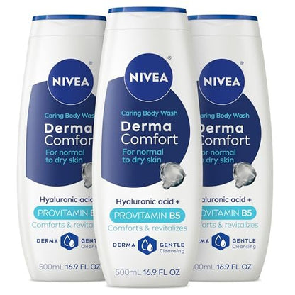 NIVEA Derma Comfort Caring Body Wash for Normal to Dry Skin, with Hyaluronic Acid and Provitamin B5, 16.9 Fl Oz (Pack of 3) Avelisse