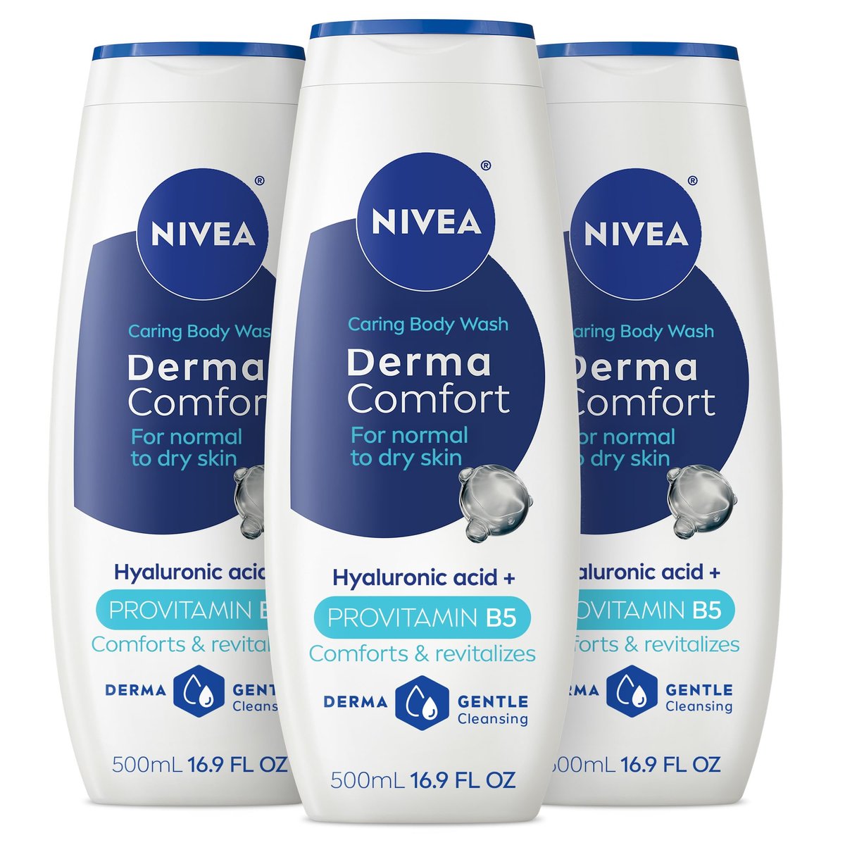 NIVEA Derma Comfort Caring Body Wash for Normal to Dry Skin, with Hyaluronic Acid and Provitamin B5, 16.9 Fl Oz (Pack of 3) Avelisse