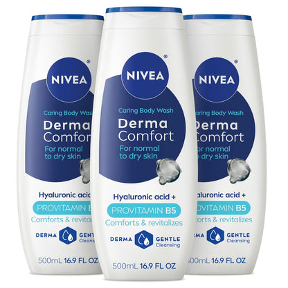 NIVEA Derma Comfort Caring Body Wash for Normal to Dry Skin, with Hyaluronic Acid and Provitamin B5, 16.9 Fl Oz (Pack of 3) Avelisse