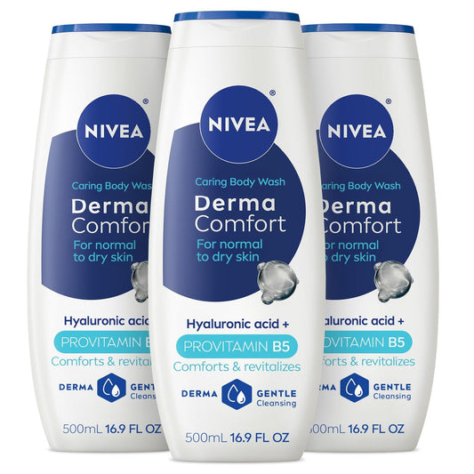 NIVEA Derma Comfort Caring Body Wash for Normal to Dry Skin, with Hyaluronic Acid and Provitamin B5, 16.9 Fl Oz (Pack of 3) Avelisse