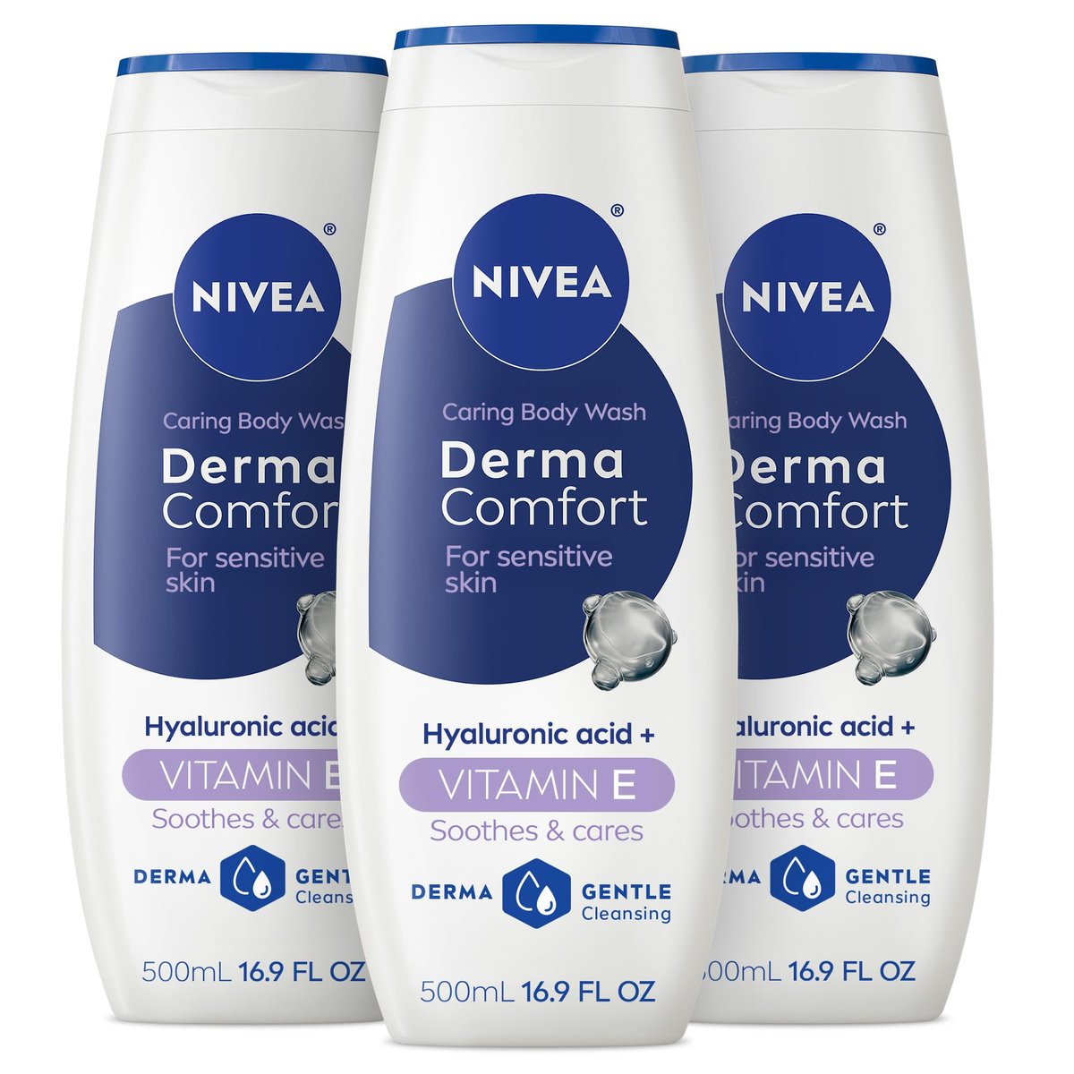 NIVEA Derma Comfort Caring Body Wash for Sensitive Skin with Hyaluronic Acid, 16.9 Fl Oz (Pack of 3) - görsel 2