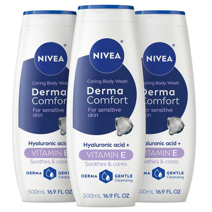 NIVEA Derma Comfort Caring Body Wash for Sensitive Skin with Hyaluronic Acid, 16.9 Fl Oz (Pack of 3)