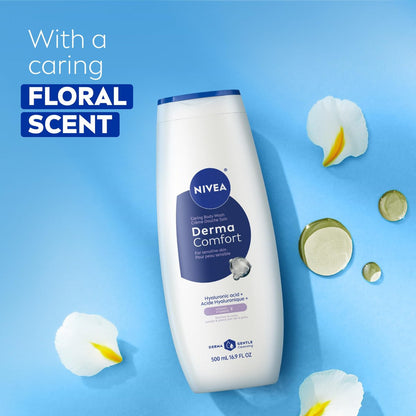 NIVEA Derma Comfort Caring Body Wash for Sensitive Skin with Hyaluronic Acid, 16.9 Fl Oz (Pack of 3)