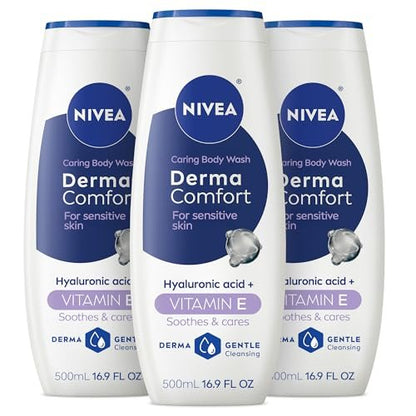 NIVEA Derma Comfort Caring Body Wash for Sensitive Skin with Hyaluronic Acid, 16.9 Fl Oz (Pack of 3)