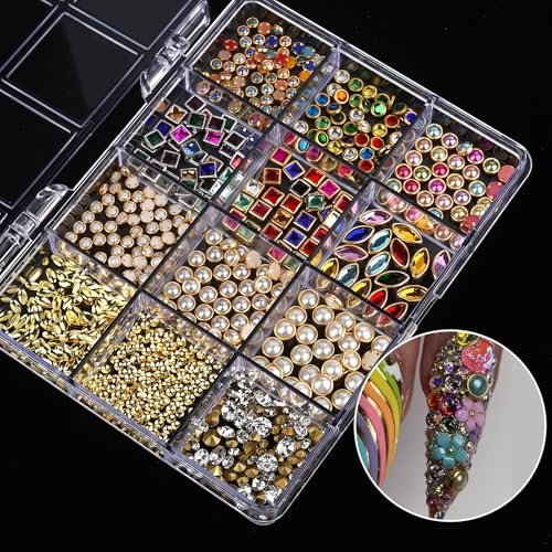 ROFIBUT Luxury 3D Nail Charms Rhinestones - 12 Grids Metal Jewelry Nail Decoration, Colorful Shiny Diamonds & Pearl Nail Supplies for DIY Nail Art - görsel 4