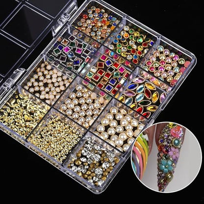 ROFIBUT Luxury 3D Nail Charms Rhinestones - 12 Grids Metal Jewelry Nail Decoration, Colorful Shiny Diamonds & Pearl Nail Supplies for DIY Nail Art