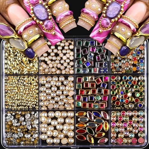 ROFIBUT Luxury 3D Nail Charms Rhinestones - 12 Grids Metal Jewelry Nail Decoration, Colorful Shiny Diamonds & Pearl Nail Supplies for DIY Nail Art - görsel 2