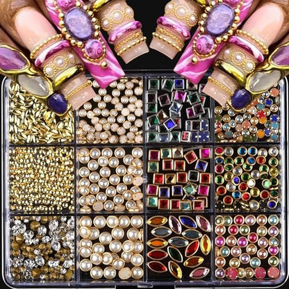 ROFIBUT Luxury 3D Nail Charms Rhinestones - 12 Grids Metal Jewelry Nail Decoration, Colorful Shiny Diamonds & Pearl Nail Supplies for DIY Nail Art