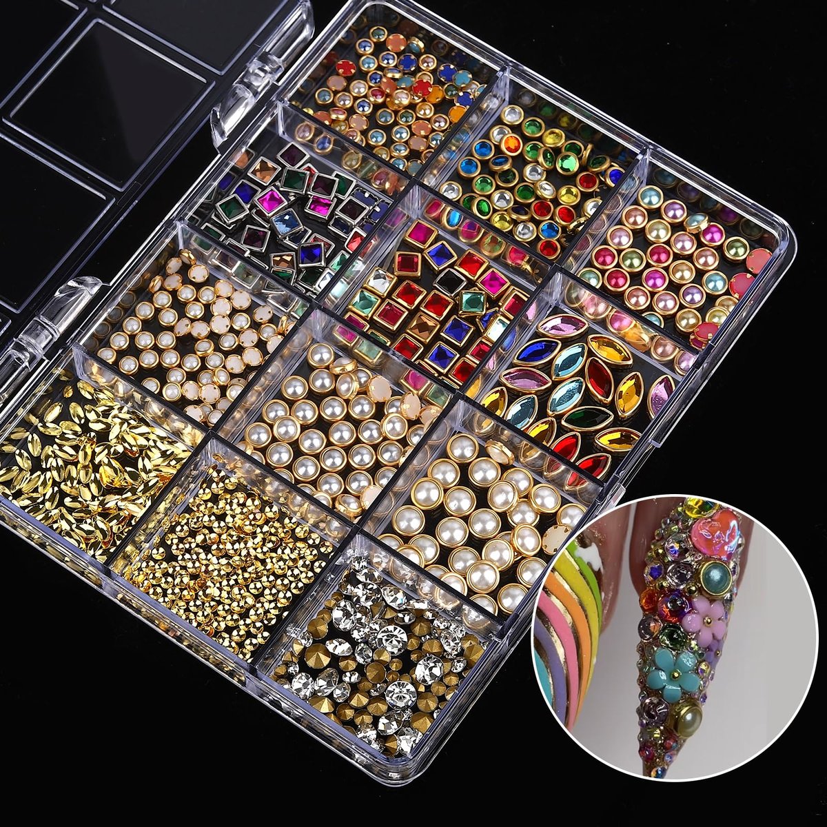 ROFIBUT Luxury 3D Nail Charms Rhinestones - 12 Grids Metal Jewelry Nail Decoration, Colorful Shiny Diamonds & Pearl Nail Supplies for DIY Nail Art - görsel 3