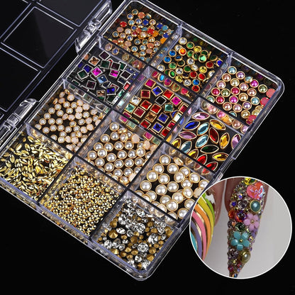 ROFIBUT Luxury 3D Nail Charms Rhinestones - 12 Grids Metal Jewelry Nail Decoration, Colorful Shiny Diamonds & Pearl Nail Supplies for DIY Nail Art