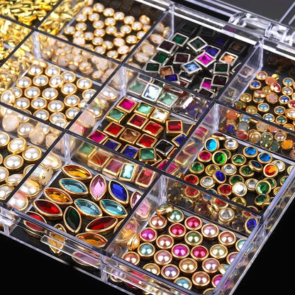 ROFIBUT Luxury 3D Nail Charms Rhinestones - 12 Grids Metal Jewelry Nail Decoration, Colorful Shiny Diamonds & Pearl Nail Supplies for DIY Nail Art