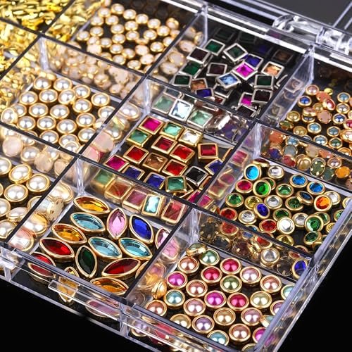 ROFIBUT Luxury 3D Nail Charms Rhinestones - 12 Grids Metal Jewelry Nail Decoration, Colorful Shiny Diamonds & Pearl Nail Supplies for DIY Nail Art - görsel 6
