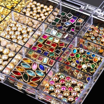ROFIBUT Luxury 3D Nail Charms Rhinestones - 12 Grids Metal Jewelry Nail Decoration, Colorful Shiny Diamonds & Pearl Nail Supplies for DIY Nail Art