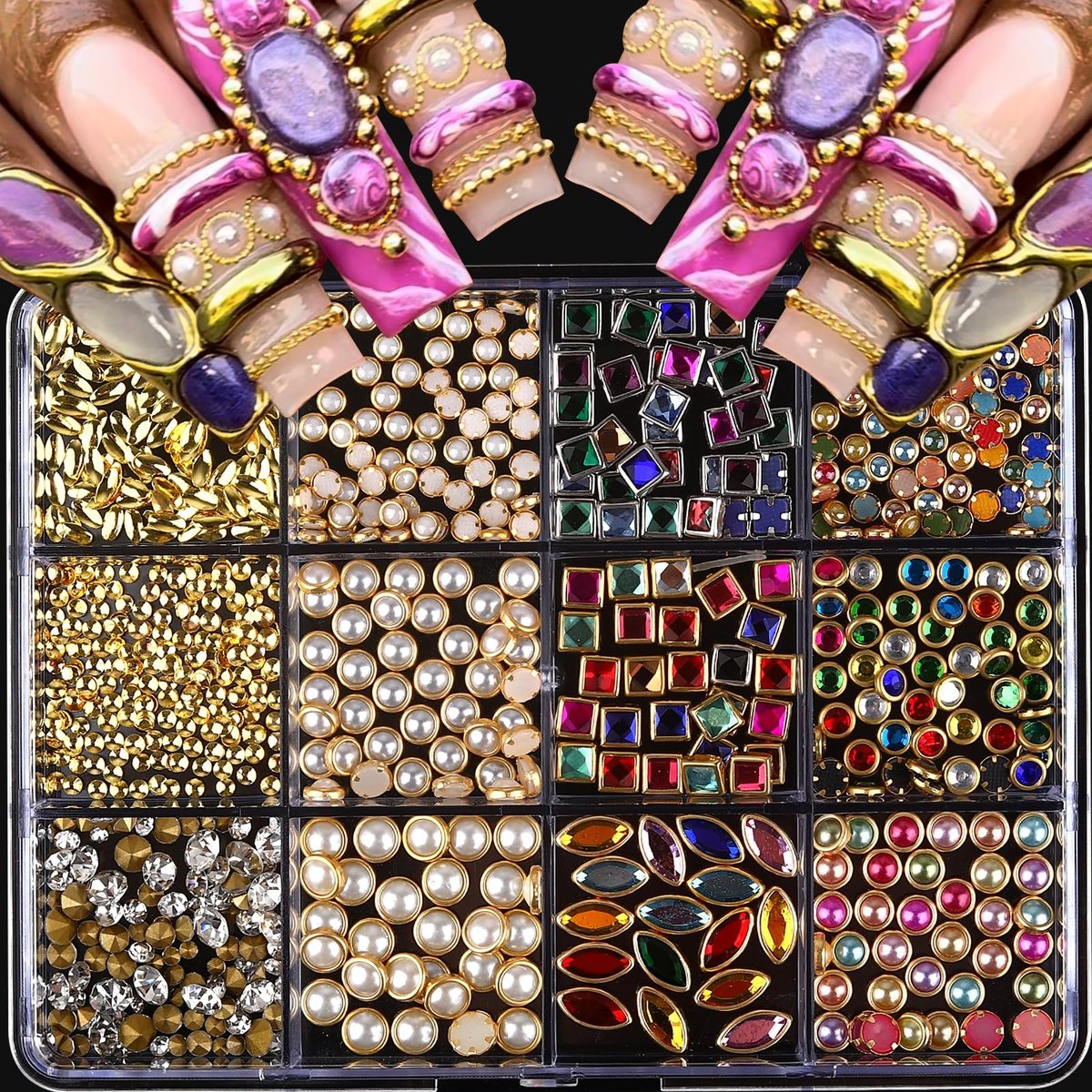 ROFIBUT Luxury 3D Nail Charms Rhinestones - 12 Grids Metal Jewelry Nail Decoration, Colorful Shiny Diamonds & Pearl Nail Supplies for DIY Nail Art - görsel 1