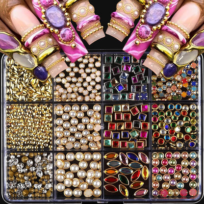 ROFIBUT Luxury 3D Nail Charms Rhinestones - 12 Grids Metal Jewelry Nail Decoration, Colorful Shiny Diamonds & Pearl Nail Supplies for DIY Nail Art