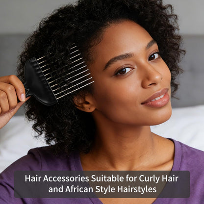 3 Pcs Afro Pick Set – Metal Hair Pick for Curly Hair, 6 Inch Steel Afro Comb with Black Fist Handle, Detangling Lift Comb for Braid Wig Styling, Men & Women Travel Braid Tool