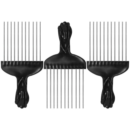 3 Pcs Afro Pick Set – Metal Hair Pick for Curly Hair, 6 Inch Steel Afro Comb with Black Fist Handle, Detangling Lift Comb for Braid Wig Styling, Men & Women Travel Braid Tool