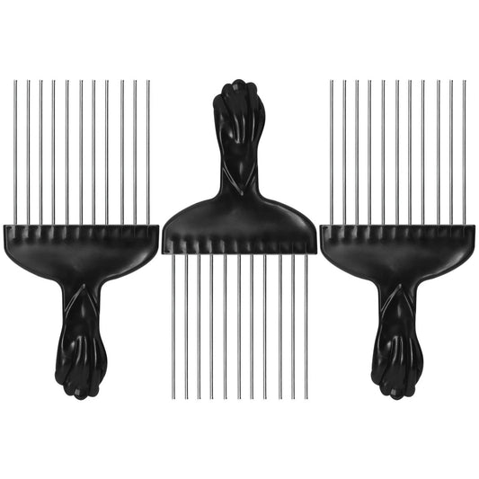 3 Pcs Afro Pick Set – Metal Hair Pick for Curly Hair, 6 Inch Steel Afro Comb with Black Fist Handle, Detangling Lift Comb for Braid Wig Styling, Men & Women Travel Braid Tool