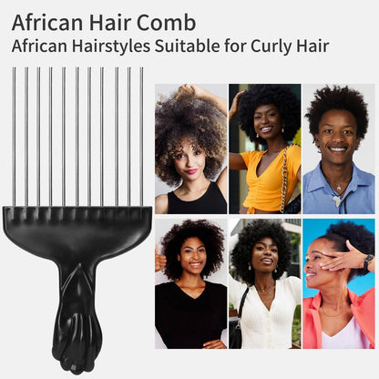 3 Pcs Afro Pick Set – Metal Hair Pick for Curly Hair, 6 Inch Steel Afro Comb with Black Fist Handle, Detangling Lift Comb for Braid Wig Styling, Men & Women Travel Braid Tool