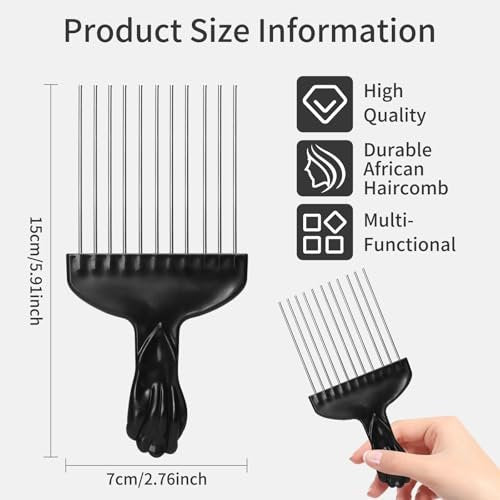 3 Pcs Afro Pick Set – Metal Hair Pick for Curly Hair, 6 Inch Steel Afro Comb with Black Fist Handle, Detangling Lift Comb for Braid Wig Styling, Men & Women Travel Braid Tool - görsel 4