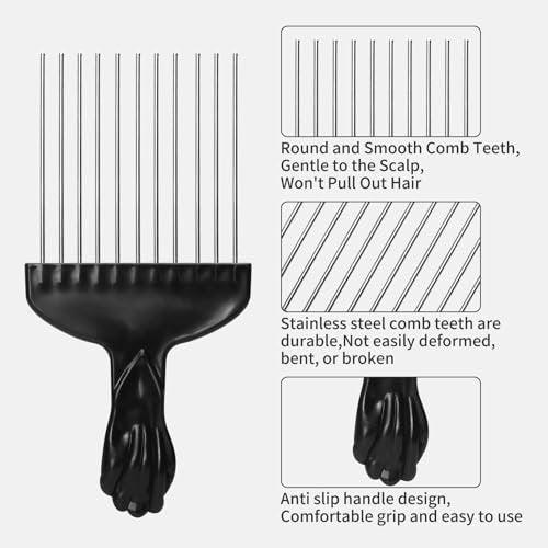 3 Pcs Afro Pick Set – Metal Hair Pick for Curly Hair, 6 Inch Steel Afro Comb with Black Fist Handle, Detangling Lift Comb for Braid Wig Styling, Men & Women Travel Braid Tool - görsel 6