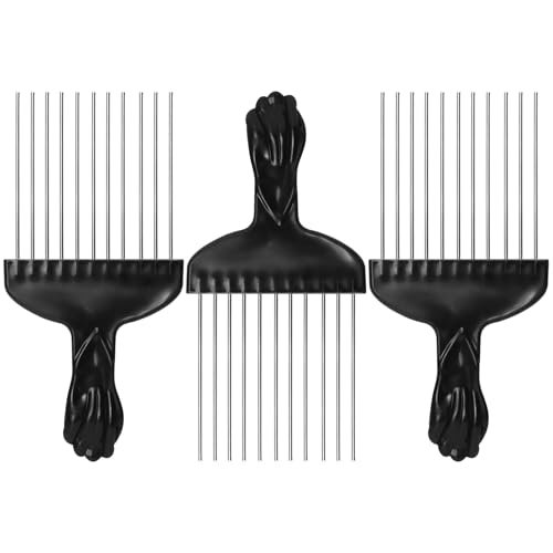 3 Pcs Afro Pick Set – Metal Hair Pick for Curly Hair, 6 Inch Steel Afro Comb with Black Fist Handle, Detangling Lift Comb for Braid Wig Styling, Men & Women Travel Braid Tool - görsel 2