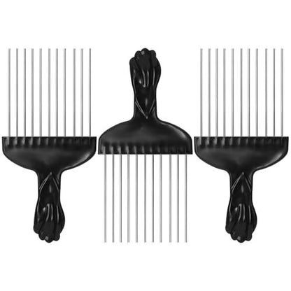 3 Pcs Afro Pick Set – Metal Hair Pick for Curly Hair, 6 Inch Steel Afro Comb with Black Fist Handle, Detangling Lift Comb for Braid Wig Styling, Men & Women Travel Braid Tool