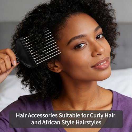 3 Pcs Afro Pick Set – Metal Hair Pick for Curly Hair, 6 Inch Steel Afro Comb with Black Fist Handle, Detangling Lift Comb for Braid Wig Styling, Men & Women Travel Braid Tool - görsel 12