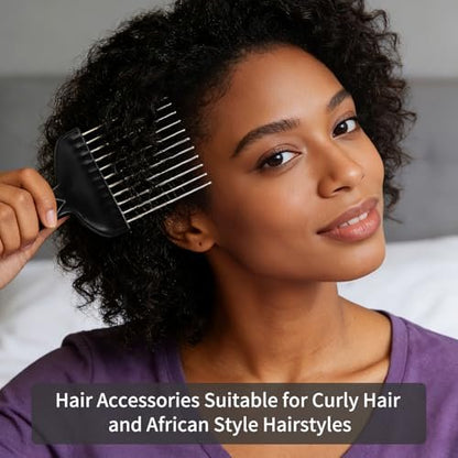 3 Pcs Afro Pick Set – Metal Hair Pick for Curly Hair, 6 Inch Steel Afro Comb with Black Fist Handle, Detangling Lift Comb for Braid Wig Styling, Men & Women Travel Braid Tool