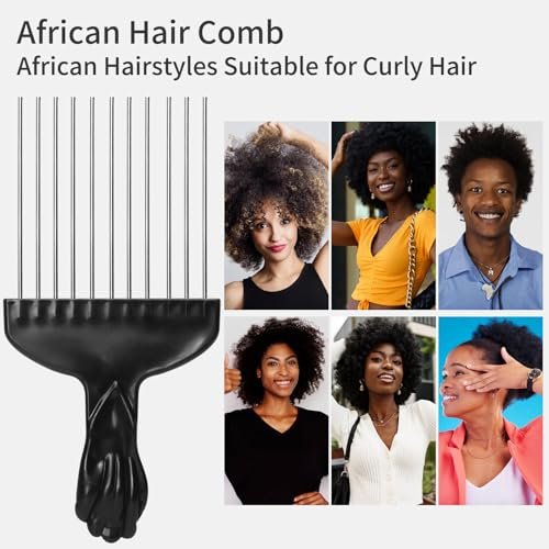 3 Pcs Afro Pick Set – Metal Hair Pick for Curly Hair, 6 Inch Steel Afro Comb with Black Fist Handle, Detangling Lift Comb for Braid Wig Styling, Men & Women Travel Braid Tool - görsel 8