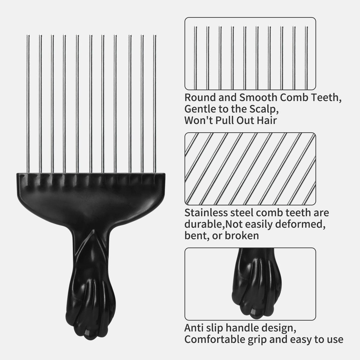 3 Pcs Afro Pick Set – Metal Hair Pick for Curly Hair, 6 Inch Steel Afro Comb with Black Fist Handle, Detangling Lift Comb for Braid Wig Styling, Men & Women Travel Braid Tool - görsel 5