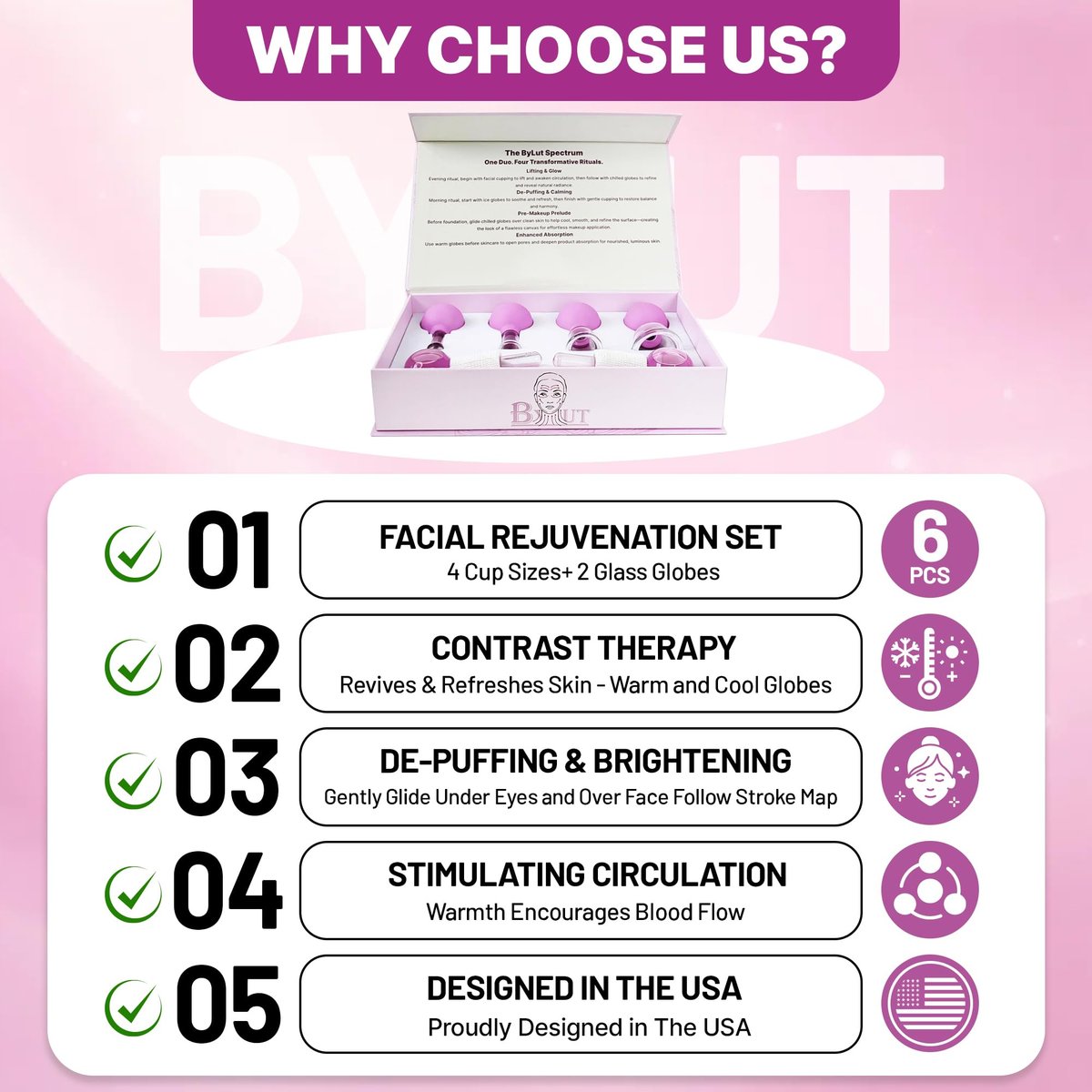 ByLut 3-in-1 Ice Globes & Glass Facial Cupping Set - Purple - Facial Ice Roller for Depuffing, Heat & Cold Therapy, Face Lifting & Body Suction Cups Avelisse