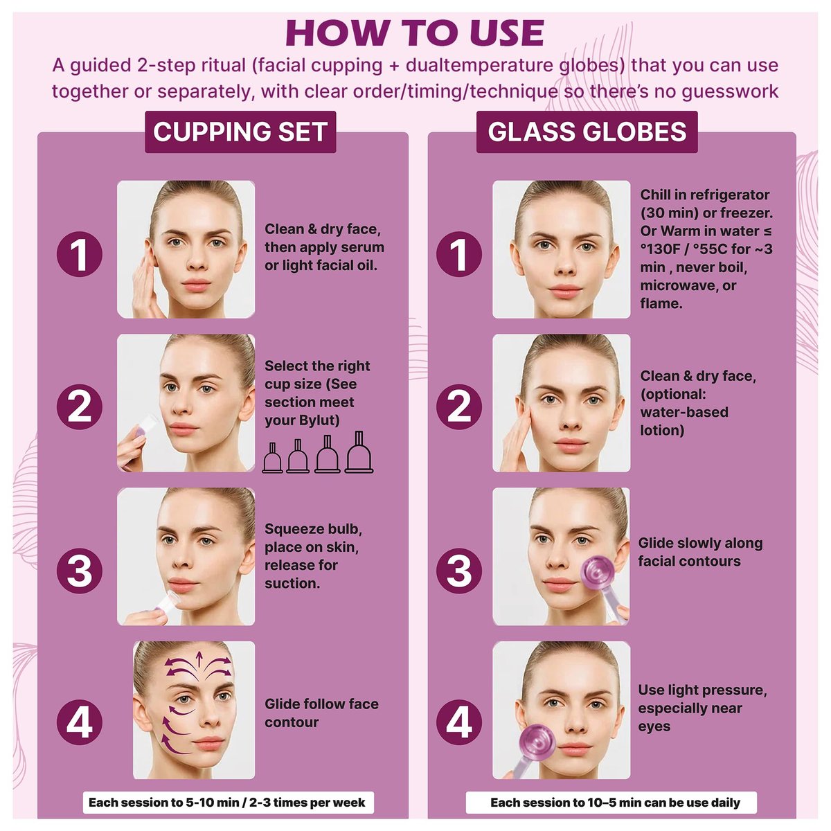 ByLut 3-in-1 Ice Globes & Glass Facial Cupping Set - Purple - Facial Ice Roller for Depuffing, Heat & Cold Therapy, Face Lifting & Body Suction Cups Avelisse