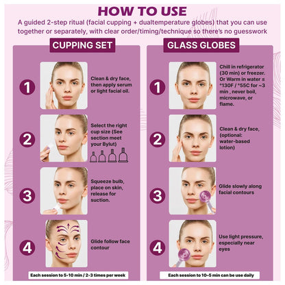ByLut 3-in-1 Ice Globes & Glass Facial Cupping Set - Purple - Facial Ice Roller for Depuffing, Heat & Cold Therapy, Face Lifting & Body Suction Cups Avelisse