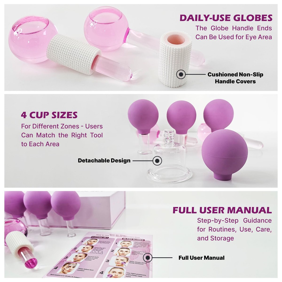 ByLut 3-in-1 Ice Globes & Glass Facial Cupping Set - Purple - Facial Ice Roller for Depuffing, Heat & Cold Therapy, Face Lifting & Body Suction Cups Avelisse