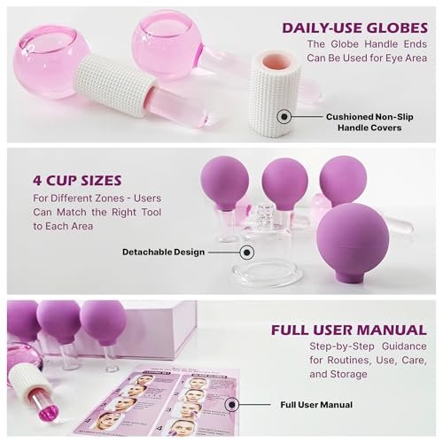 ByLut 3-in-1 Ice Globes & Glass Facial Cupping Set - Purple - Facial Ice Roller for Depuffing, Heat & Cold Therapy, Face Lifting & Body Suction Cups Avelisse