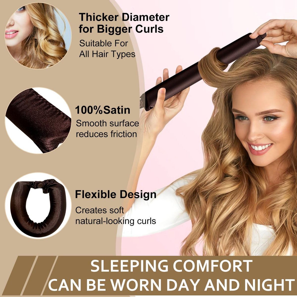 KUREYON Satin Heatless Hair Curler 4-Piece Set - Overnight Heatless Curls, Anti-Slip Design, Soft Silk DIY Hair Styling Tools with Silk Bonnet (Brown) Avelisse