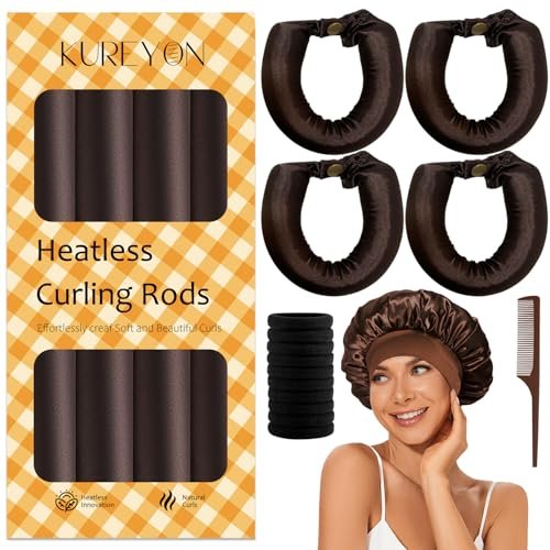 KUREYON Satin Heatless Hair Curler 4-Piece Set - Overnight Heatless Curls, Anti-Slip Design, Soft Silk DIY Hair Styling Tools with Silk Bonnet (Brown) Avelisse
