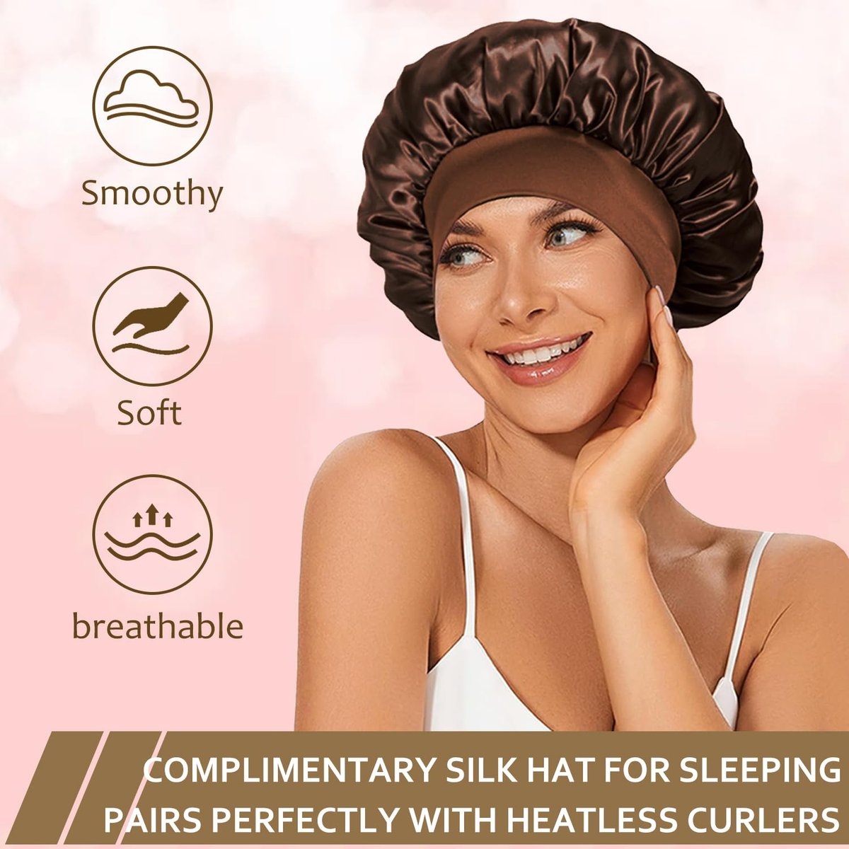 KUREYON Satin Heatless Hair Curler 4-Piece Set - Overnight Heatless Curls, Anti-Slip Design, Soft Silk DIY Hair Styling Tools with Silk Bonnet (Brown) Avelisse