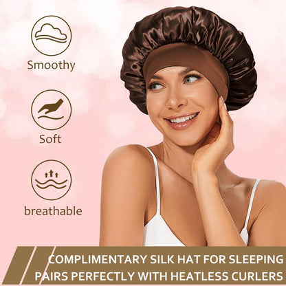 KUREYON Satin Heatless Hair Curler 4-Piece Set - Overnight Heatless Curls, Anti-Slip Design, Soft Silk DIY Hair Styling Tools with Silk Bonnet (Brown) Avelisse