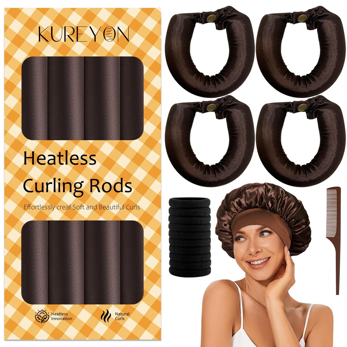 KUREYON Satin Heatless Hair Curler 4-Piece Set - Overnight Heatless Curls, Anti-Slip Design, Soft Silk DIY Hair Styling Tools with Silk Bonnet (Brown) Avelisse