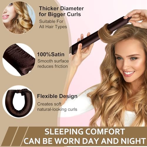 KUREYON Satin Heatless Hair Curler 4-Piece Set - Overnight Heatless Curls, Anti-Slip Design, Soft Silk DIY Hair Styling Tools with Silk Bonnet (Brown) Avelisse