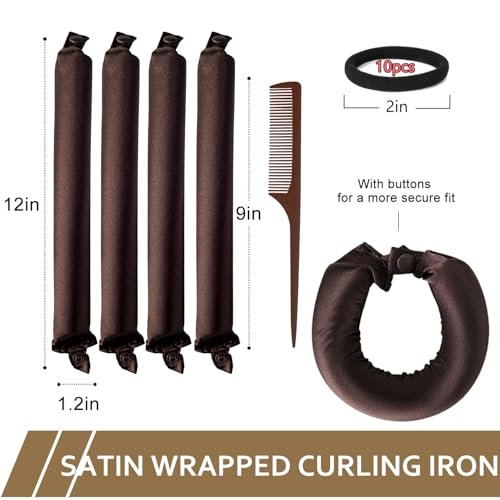 KUREYON Satin Heatless Hair Curler 4-Piece Set - Overnight Heatless Curls, Anti-Slip Design, Soft Silk DIY Hair Styling Tools with Silk Bonnet (Brown) Avelisse