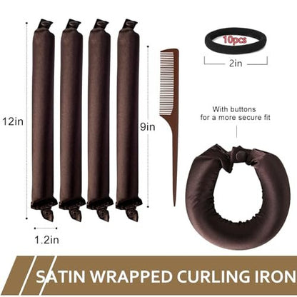 KUREYON Satin Heatless Hair Curler 4-Piece Set - Overnight Heatless Curls, Anti-Slip Design, Soft Silk DIY Hair Styling Tools with Silk Bonnet (Brown) Avelisse