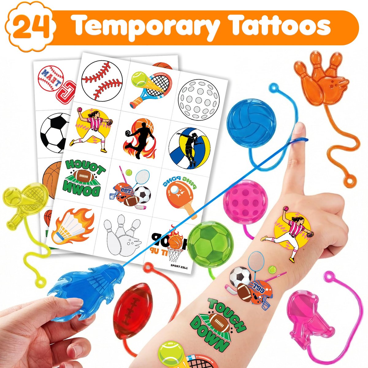 91STICKYHAND Sport Ball Party Favors: 48 Pcs Temporary Tattoos & Stick Hands for Kids Birthday, Goodie Bag Stuffers, Classroom Prizes - görsel 3