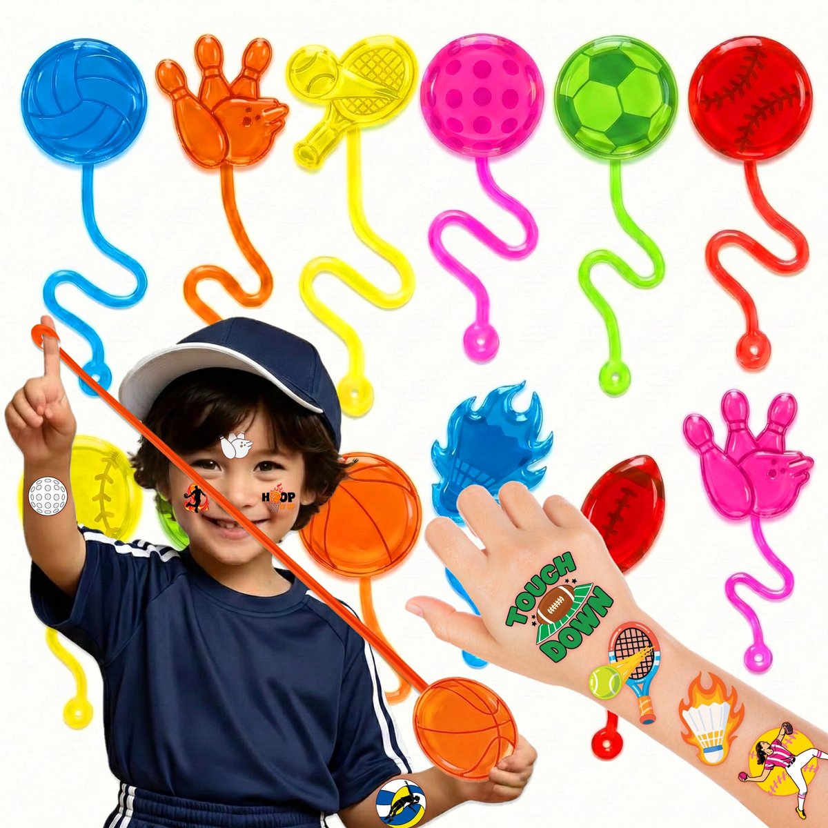 91STICKYHAND Sport Ball Party Favors: 48 Pcs Temporary Tattoos & Stick Hands for Kids Birthday, Goodie Bag Stuffers, Classroom Prizes - görsel 1