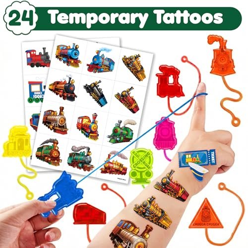 48PCS Train Party Favors - 24 Temporary Tattoos & 24 Stick Hands for Kids Birthday Party Supplies, Goodie Bag Stuffers, Classroom Prizes, Treasure Box Toys - görsel 4